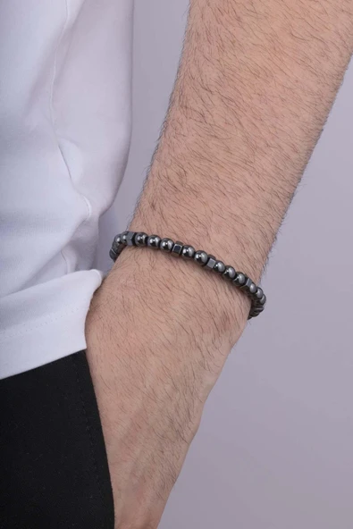 Gümüş Pazarım Yuvarlak Kesim Tek Sıra Hematit Taşı Doğal Taş Erkek Bilekik ürün görseli 1