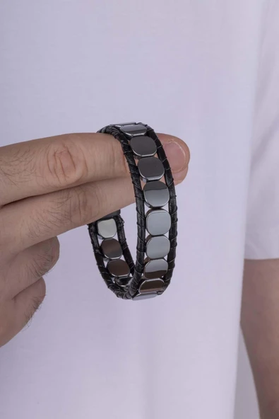 Gümüş Pazarım Yuvarlak Kesim Hematit Taşlı Deri Geçişli Doğaltaş Erkek Bileklik - 2