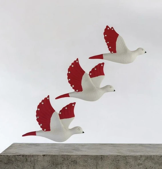 Dekoratif Üçlü Kumru Kuş Duvar Dekoru Süs kırmızı renk