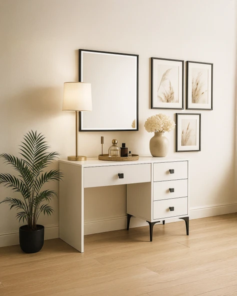 Beyaz Modern Makyaj Masası Çekmeceli ve Aynalı - 1