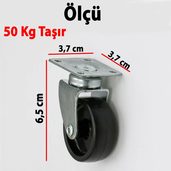 4'lü Set Tablalı Dönerli Mobilya Tekerleği 50 MM Siyah Renk Dayanıklı Yük Taşıma Sanayi Tekeri Set - Resim 2
