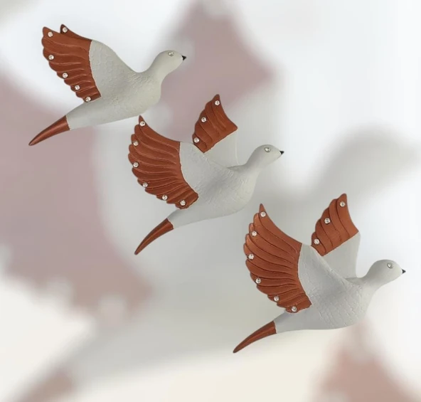 Dekoratif Üçlü Kumru Kuş Duvar Dekoru Süs  bakır renk
