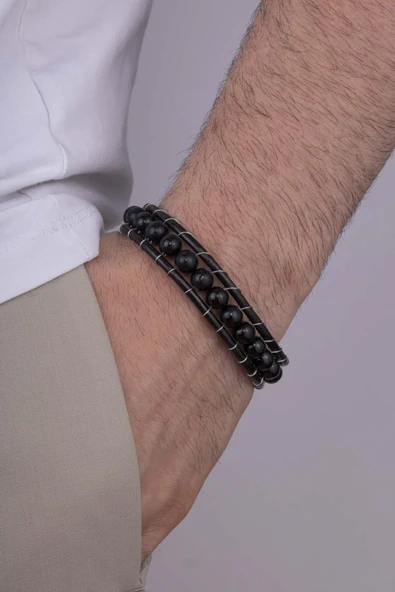 Gümüş Pazarım Deri Geçişli Oniks Taşlı Erkek Bileklik - Resim 2