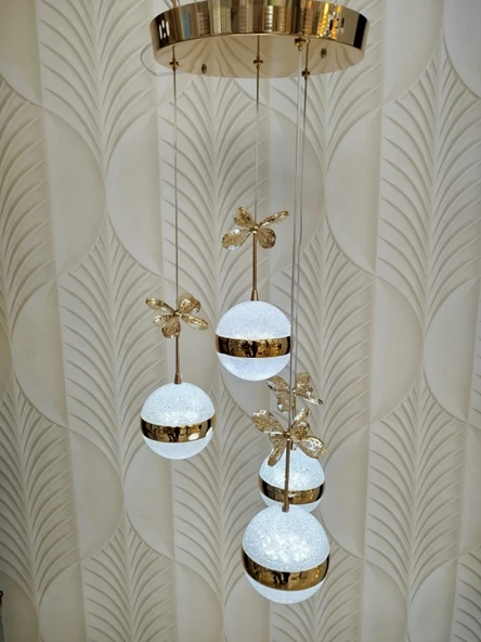 Şık Tarz Modern LED Avize Gold Ledli Salon Avizesi Kelebek Taşlı - 2