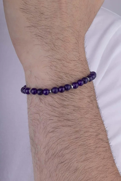 Gümüş Pazarım Hematit Geçişli Ametist Taşlı Doğal Taş Erkek Bileklik - Resim 2
