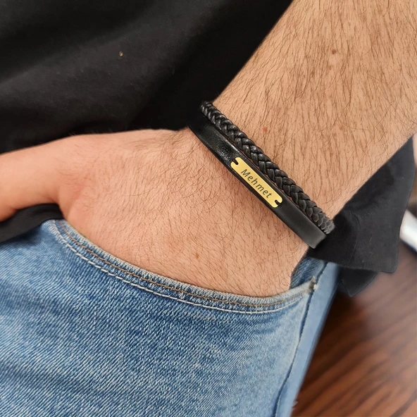 14 Ayar Altın Plakalı İsme Özel Dikdörtgen Motifli Hakiki Siyah Derili Hediye Bileklik-537 - Resim 2