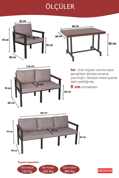 NEOKAS Bahce Mobilyası, Modern Balkon Mobilyası, Kafe Oturma Takımı, Teras Koltugu, Balkon Oturma Grubu, 2+3+M ürün görseli