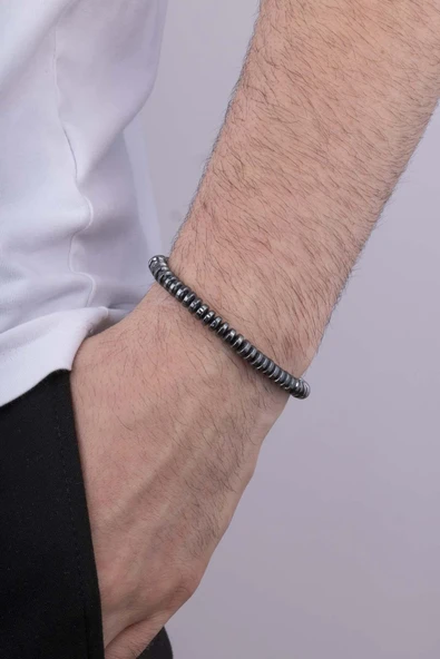 Gümüş Pazarım Tek Sıra Yuvarlak Kesim Hematit Taşı Doğal Taş Erkek Bileklik ürün görseli 1