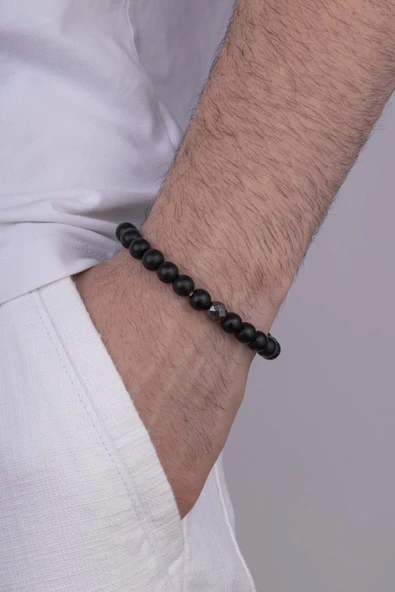 Gümüş Pazarım Hematit Detaylı Yuvarlak Kesim Oniks Taşlı Doğal Taş Erkek Bileklik - Resim 2