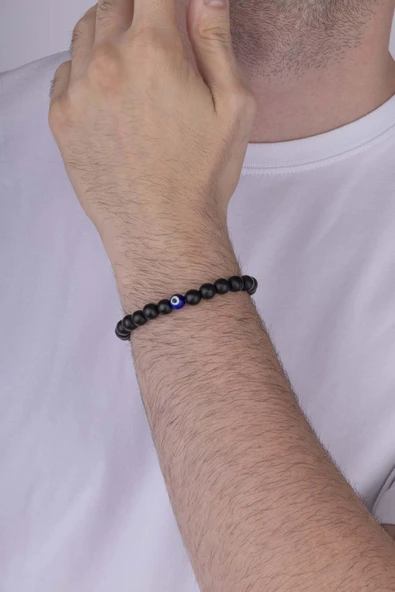 Gümüş Pazarım Nazar Boncuğu Detaylı Oniks Taşlı Doğal Taş Erkek Bileklik ürün görseli 1