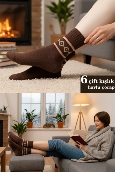 6 Adet Kahve Renk Havlu Polar Kışlık Çorap Bilek Boy -20c Kadar Isı Koruma