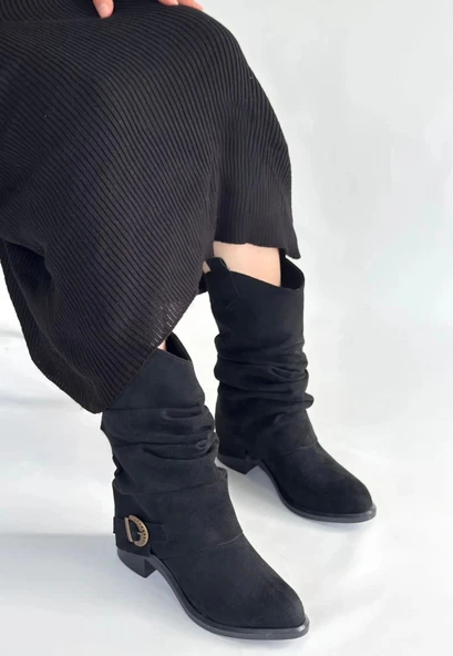 Canty Siyah Süet Körüklü Topuklu Çizme - Resim 3