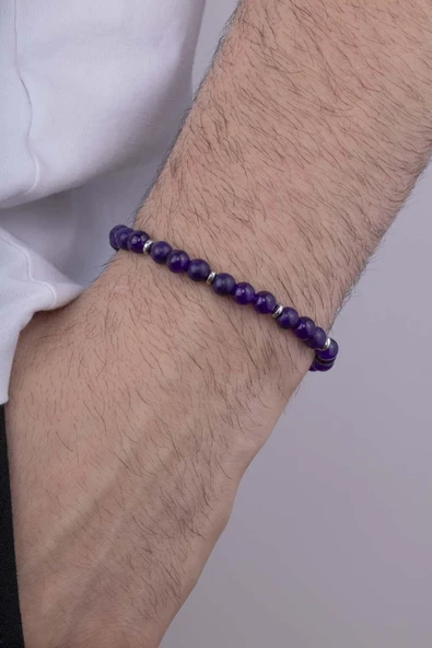 Gümüş Pazarım Hematit Geçişli Ametist Taşlı Doğal Taş Erkek Bileklik ürün görseli 1