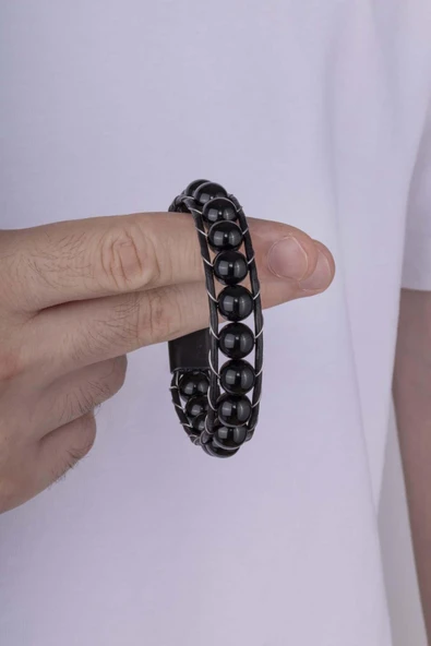 Gümüş Pazarım 10 mm Oniks Taşlı Deri Geçişli Erkek Doğal Taş Bileklik - 3