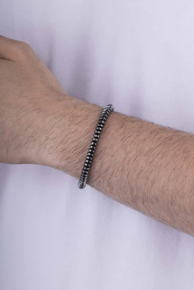 Gümüş Pazarım Tek Sıra Yuvarlak Kesim Hematit Taşı Doğal Taş Erkek Bileklik - Resim 3