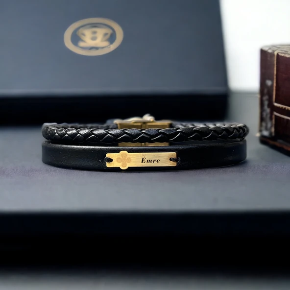 14 Ayar Altın Plakalı Harfe Özel Hakiki Siyah Derili Çiçek Motifli Hediye Bileklik-539 ürün görseli