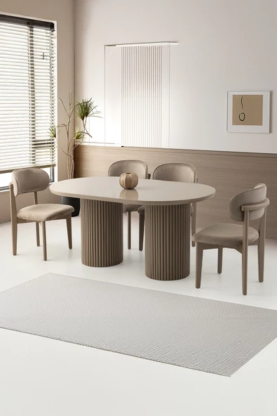 Orkide Sabit Oval Bohem Cappicino Yemek Masası Takımı Ahşap Nergis Sandalye  (1 Masa 6 Sandalye )