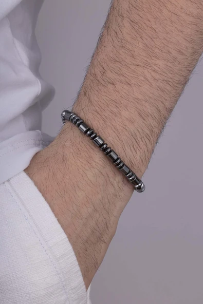 Gümüş Pazarım Hematit Taşı Silindir Kesim Erkek Doğal Taş Bileklik - 2