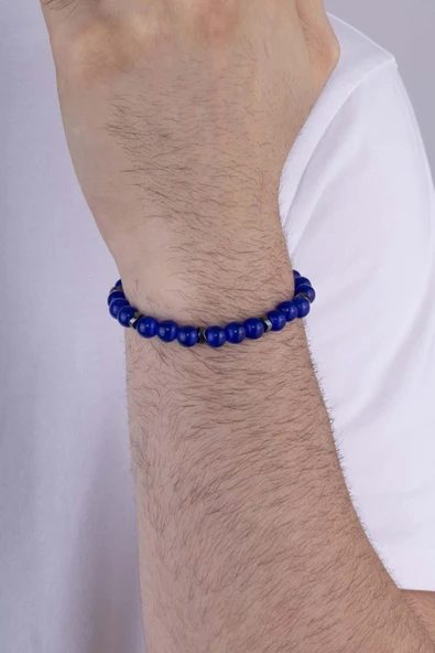 Gümüş Pazarım Yuvarlak Kesim Mavi Akik Doğal Taş Erkek Bileklik - Resim 2