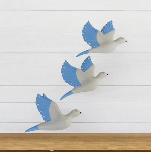 Dekoratif Üçlü Kumru Kuş Duvar Dekoru Süs mavi renk - 3