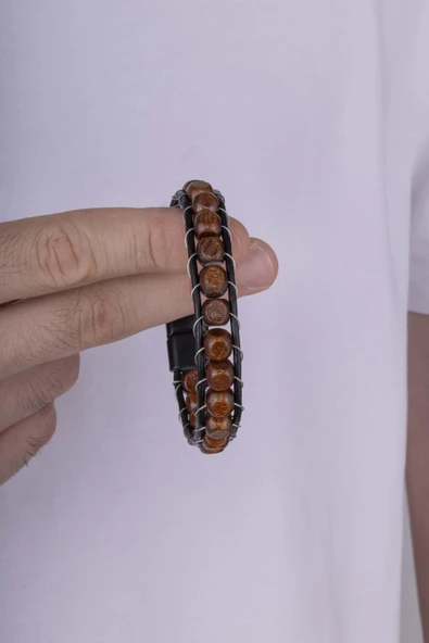 Gümüş Pazarım Köşeli Küp Kesim Ceviz Ağacı Deri Geçişli Erkek Bileklik - 2