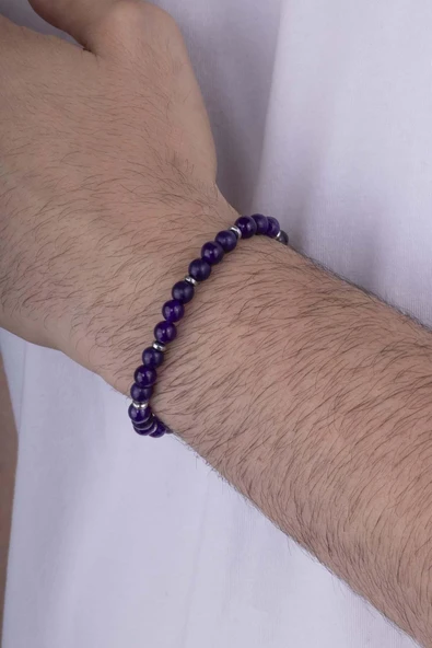 Gümüş Pazarım Hematit Geçişli Ametist Taşlı Doğal Taş Erkek Bileklik - Resim 3
