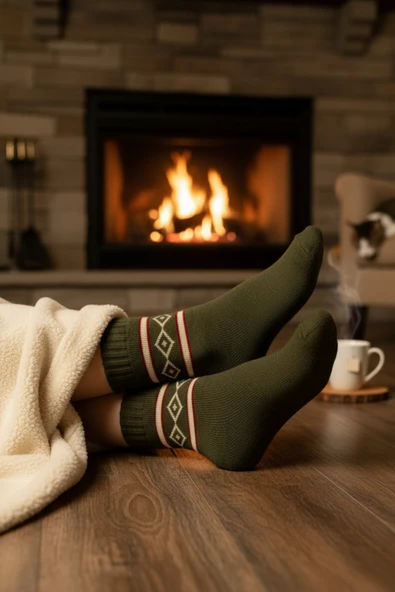 6 Adet Haki Renk Havlu Polar Kışlık Çorap Bilek Boy -20c Kadar Isı Koruma