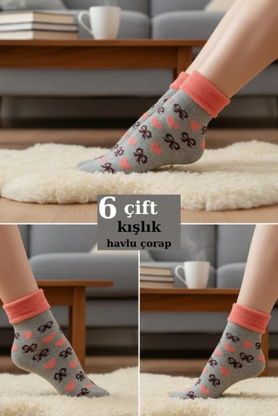 6 Adet Pembe Havlu Polar Kışlık Çorap Bilek Boy -20c Kadar Isı Koruma - 2