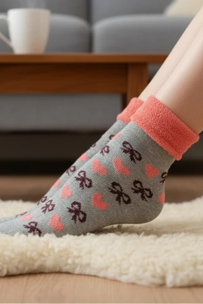 6 Adet Pembe Havlu Polar Kışlık Çorap Bilek Boy -20c Kadar Isı Koruma