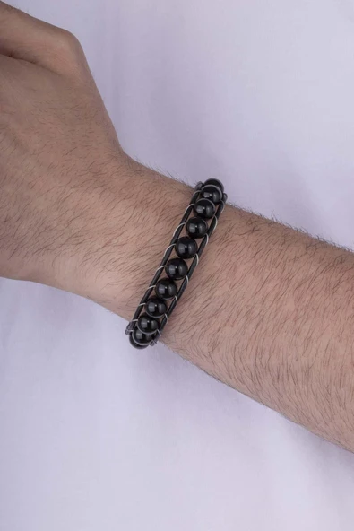 Gümüş Pazarım 10 mm Oniks Taşlı Deri Geçişli Erkek Doğal Taş Bileklik