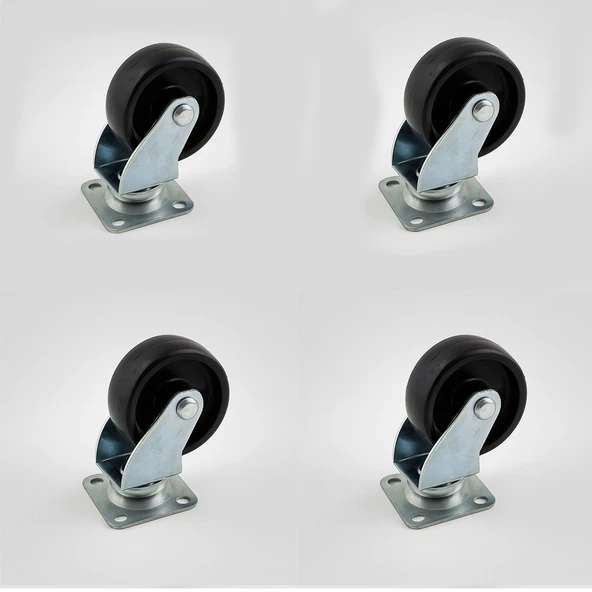 4'lü Set Tablalı Dönerli Mobilya Tekerleği 50 MM Siyah Renk Dayanıklı Yük Taşıma Sanayi Tekeri Set ürün görseli