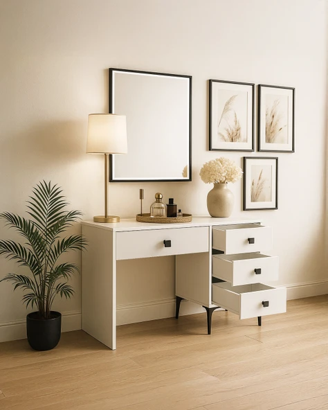 Beyaz Modern Makyaj Masası Çekmeceli ve Aynalı - 2