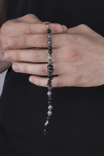 Gümüş Pazarım Lav Taşı Jasper Taşı Karışık Form Doğal Taş Erkek Bileklik - Resim 3