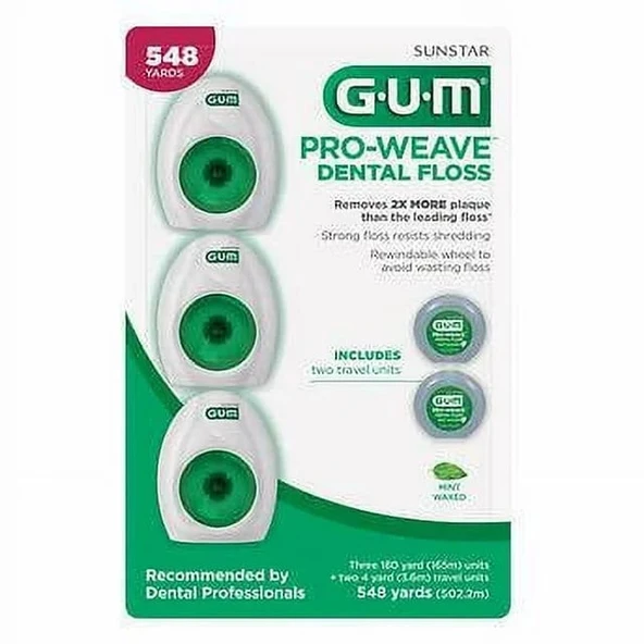 GUM Pro-Weave Dokuma Diş İpi, Parçalamaya Dayanıklı Diş İpi, Nane Aromalı, 3 Numara + 2 Seyahat Ünitesi ürün görseli