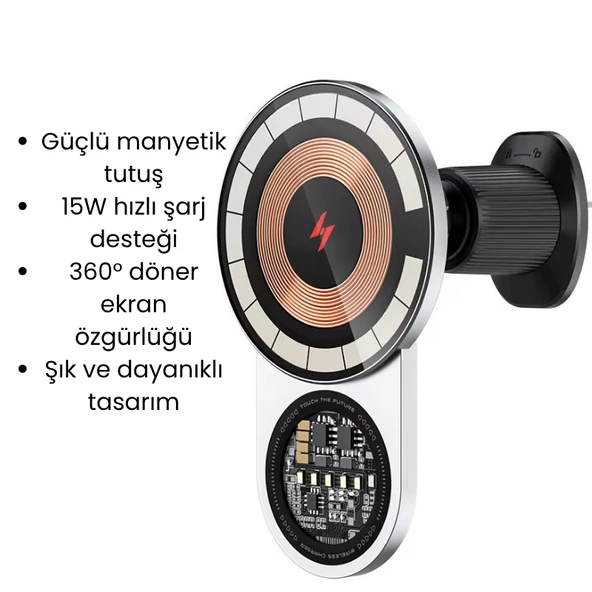 15W Hızlı Şarj Destekli Manyetik Araç Telefon Tutucu, 1200g Güçlü Emiş Gücü , Akıllı Çipli 360 derece Döner Tasarım - 2