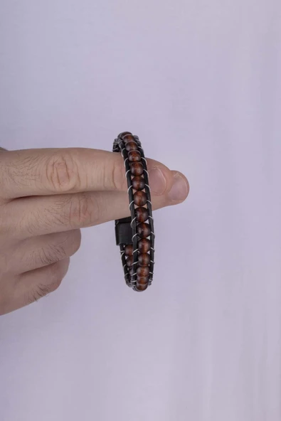 Gümüş Pazarım Ceviz Ağacı Deri Geçişli Erkek Bileklik ürün görseli 1