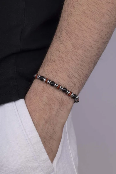 Gümüş Pazarım Hematit Geçişli Oniks Taşlı 3 Renk Doğal Taş Erkek Bileklik ürün görseli 1