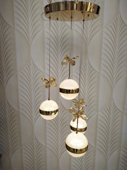 Şık Tarz Modern LED Avize Gold Ledli Salon Avizesi Kelebek Taşlı