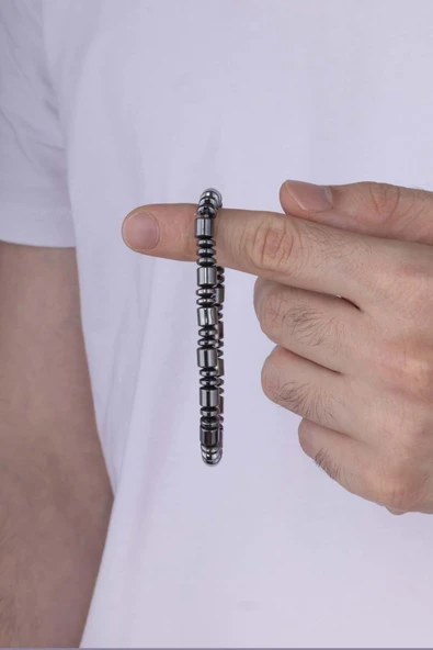 Gümüş Pazarım Hematit Taşı Silindir Kesim Erkek Doğal Taş Bileklik - 3