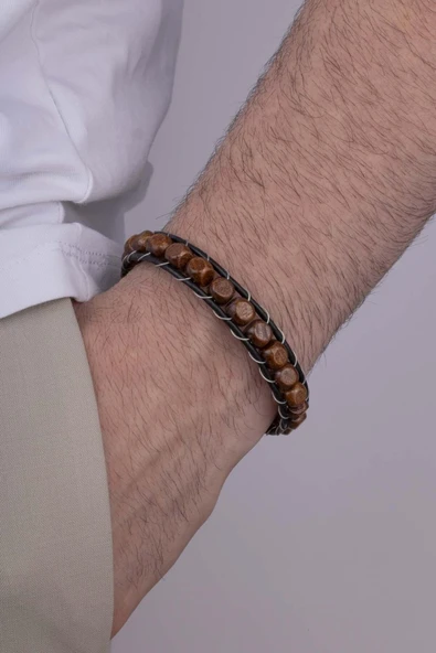 Gümüş Pazarım Köşeli Küp Kesim Ceviz Ağacı Deri Geçişli Erkek Bileklik