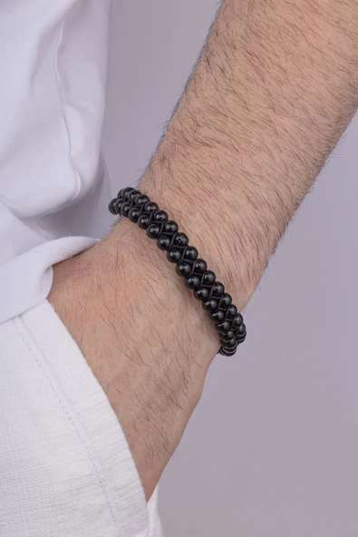 Gümüş Pazarım Çift Sıra Oniks Taşlı Makrome Doğal Taş Erkek Bileklik ürün görseli 1