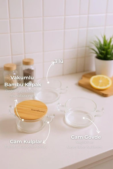 Bambum Modena - 3'lü Bambu Kapaklı Cam Saklama Kabı - Resim 3