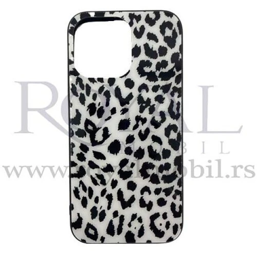 Apple iPhone 14 Kılıf Animals Glass Kapak Beyaz Leopar ürün görseli 1