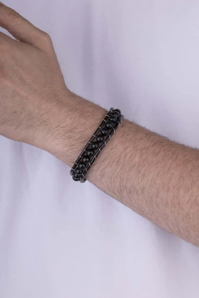 Gümüş Pazarım Deri Geçişli Oniks Taşlı Erkek Bileklik ürün görseli 1