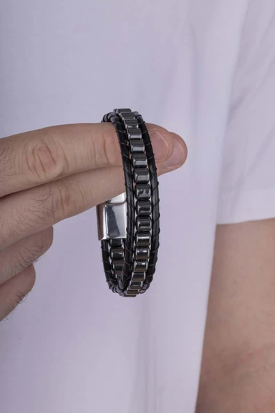 Gümüş Pazarım Silindir Kesim Hematit Taşlı Deri Geçişli Erkek Doğal Taş Bileklik - 2