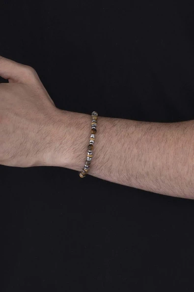 Gümüş Pazarım Hematit Geçişli Kaplan Gözü Doğal Taş Erkek Bileklik - Resim 3