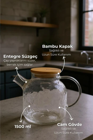 Bambum Juliet - Bambu Kapaklı Cam Demlik 1500ml - Resim 3