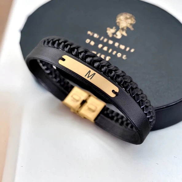 14 Ayar Altın Plakalı Harfe Özel Hakiki Siyah Derili Dikdörtgen Motifli Hediye Bileklik-537 ürün görseli