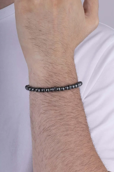 Gümüş Pazarım Yuvarlak Kesim Tek Sıra Hematit Taşı Doğal Taş Erkek Bilekik - Resim 2