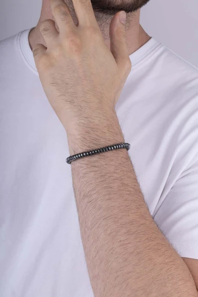 Gümüş Pazarım Tek Sıra Yuvarlak Kesim Hematit Taşı Doğal Taş Erkek Bileklik - Resim 2